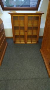 Pine book case and bureau with glass panelled cabinet above.