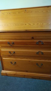 Pine book case and bureau with glass panelled cabinet above.