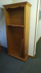 Pine book case and bureau with glass panelled cabinet above.